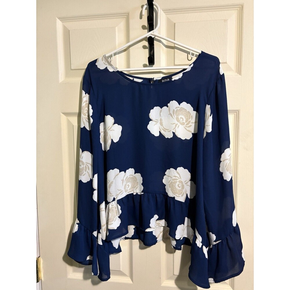 A.n.a Women's Floral XL Bell Sleeve Peplum Blue Artsy Peasant Feminine Boho Top